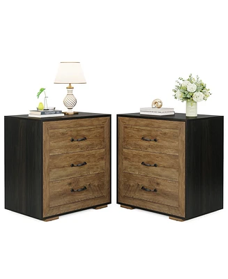 Tribesigns Nightstand Set of 2, Traditional Side Table with 3 Drawers, Tall Wood Bedside Table for Bedroom, Dorm and Small Spaces