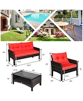 Gymax 4PCS Rattan Patio Conversation Set Red Cushioned Outdoor Furniture Set
