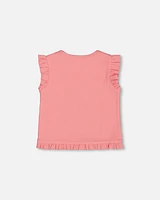 Girl Rib Tank Top With Frills Coral Pink - Toddler|Child