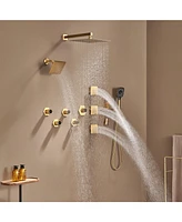 Boyel Living Luxury Thermostatic Shower System with Handheld Head Faucet Set Shelf and Hook Body Jets, Brushed