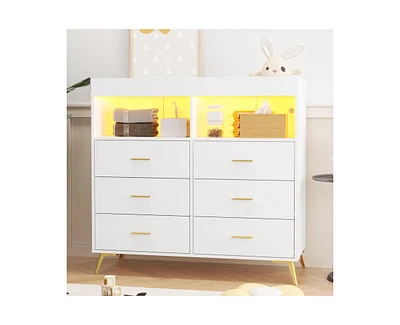 gaomon Dresser for Bedroom with 6 Drawers, Baby Changing Table Dresser with Changing Pad, Led Lights & Charging Station