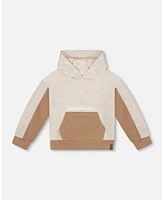 Deux par Big Boys French Terry Color Block Pullover Hoodie Sweatshirt Beige And Off-White