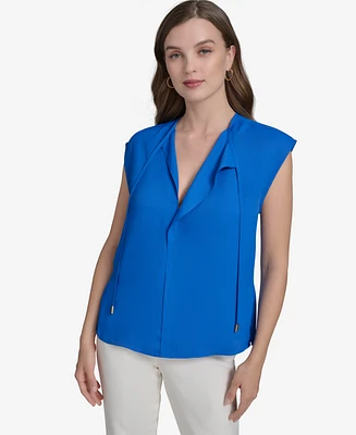 Halston Women's Sleeveless Split-Neck Tassel-Tie Blouse