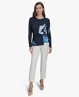 Halston Women's Printed Side-Knot Long-Sleeve Top