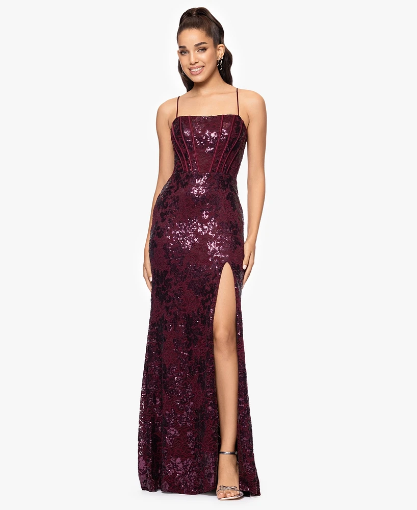 Blondie Nites Juniors' Sequined Lace Corset Gown