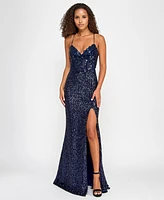 City Studios Juniors' Sequin Side-Slit Lace-Up Gown