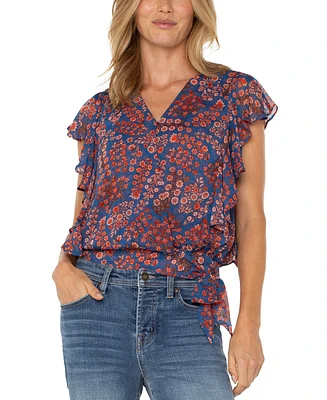 Liverpool Los Angeles Women's Short Ruffle Sleeve Draped Front Woven Blouse