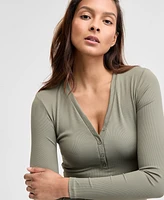 And Now This Women's Ribbed Henley-Neck Long-Sleeve Top, Created for Macy's