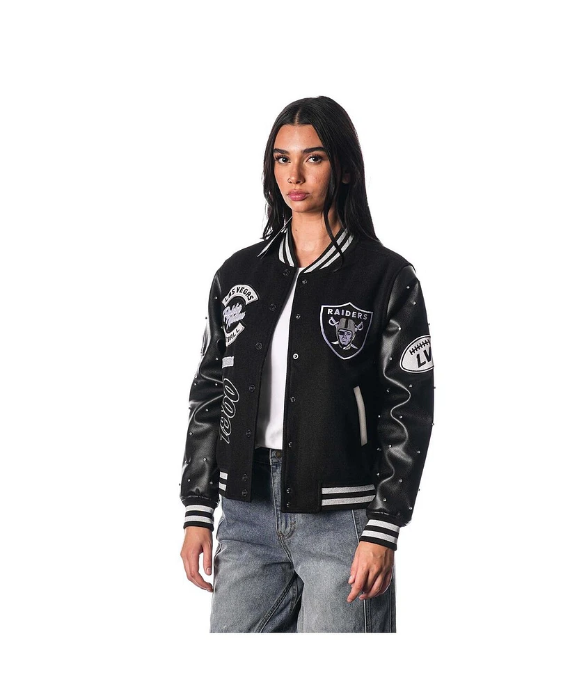 The Wild Collective Women's Black Las Vegas Raiders Varsity Full-Snap Sparkle Jacket