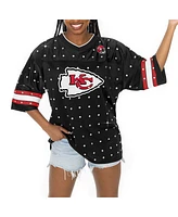 Gameday Couture Women's Black Kansas City Chiefs Kickoff Time Allover Rhinestone Sports Stripe Jersey V-Neck T-Shirt