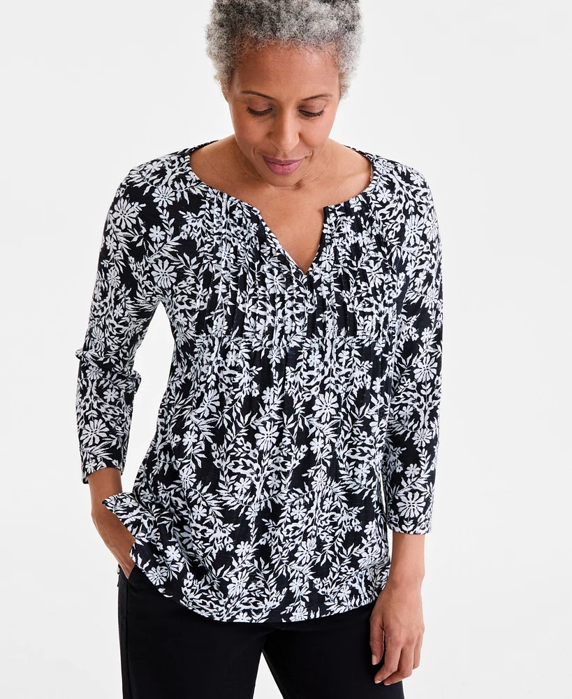 Style & Co Women's Printed Pintuck Split-Neck Top
