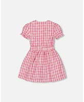 Deux par Big Girls Puff Sleeve Dress With Waist Tie Pink And White Checks