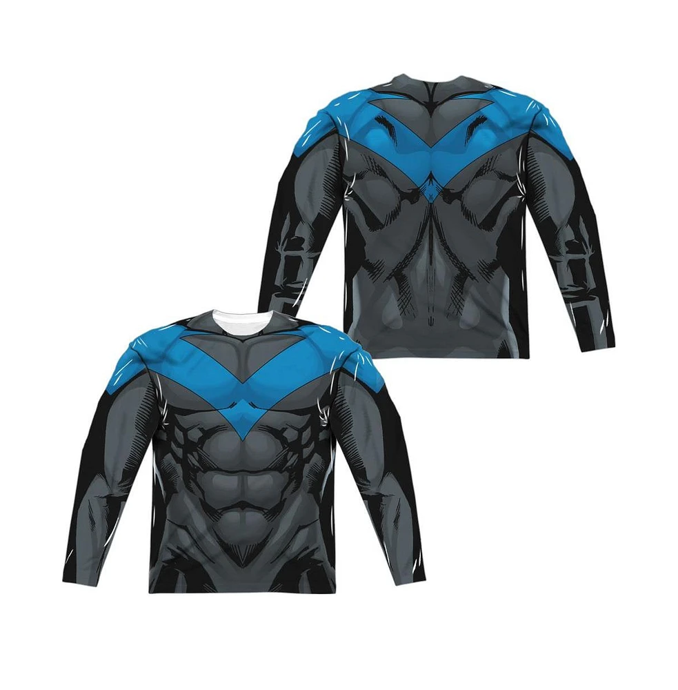 Batman Men's Nightwing Blue Uniform (Front/Back Print) Long Sleeve Adult Poly Crew Tee / T-Shirt