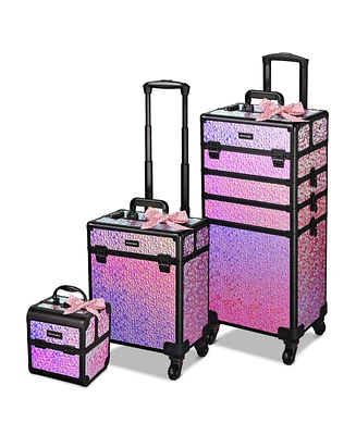 Byootique Rolling Makeup Train Case 3-Piece Cosmetic Organizer Kit Trolley Organizer Travel Case Lockable Salon Barber Case Traveling Cart Trunk with