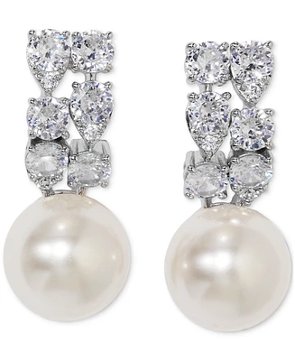 Eliot Danori Silver-Tone Cubic Zirconia & Imitation Pearl J-Hoop Earrings, Exclusively at Macy's