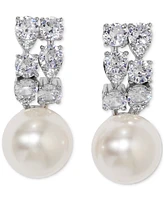 Eliot Danori Silver-Tone Cubic Zirconia & Imitation Pearl J-Hoop Earrings, Exclusively at Macy's