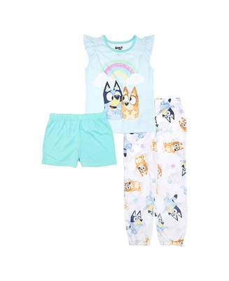 Bluey Big Girls Short Sleeve Frill Tank, Shorts and Jogger Bottoms, 3-Piece Pajama Set