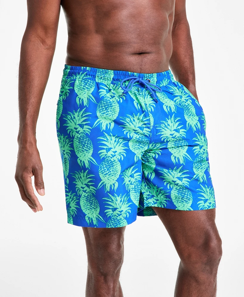 Club Room Men's Pineapple Palm Print Drawstring 7" Swim Trunks, Exclusively at Macy's