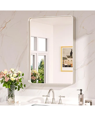 Keonjinn 22x30 Inch Brushed Gold Bathroom Vanity Mirror Tempered Glass Metal Framed