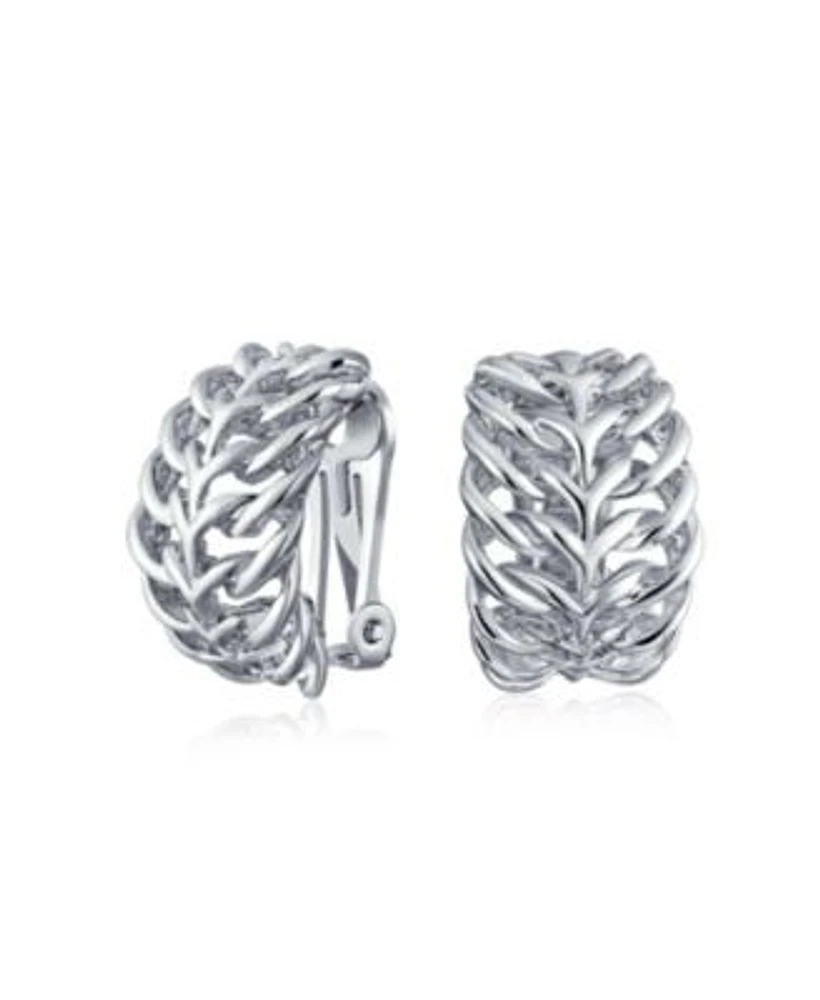 Bling Jewelry Fashion Open Weave Cable Leaf Feather Wide Half Hoop Clip On Earrings For Non Pierced Ears