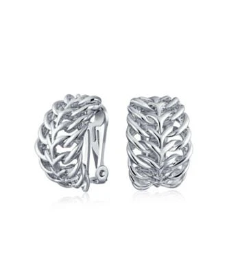 Bling Jewelry Fashion Open Weave Cable Leaf Feather Wide Half Hoop Clip On Earrings For Non Pierced Ears