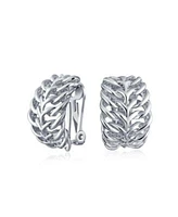 Bling Jewelry Fashion Open Weave Cable Leaf Feather Wide Half Hoop Clip On Earrings For Non Pierced Ears