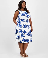 Anne Klein Plus Floral-Print Linen-Blend Fit & Flare Dress