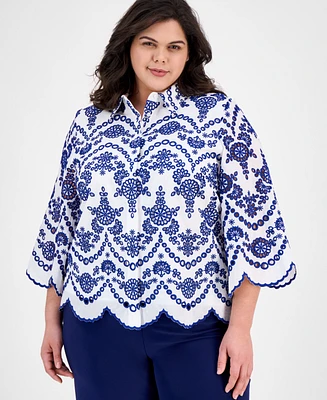 Anne Klein Plus Cotton Embroidered Eyelet Blouse