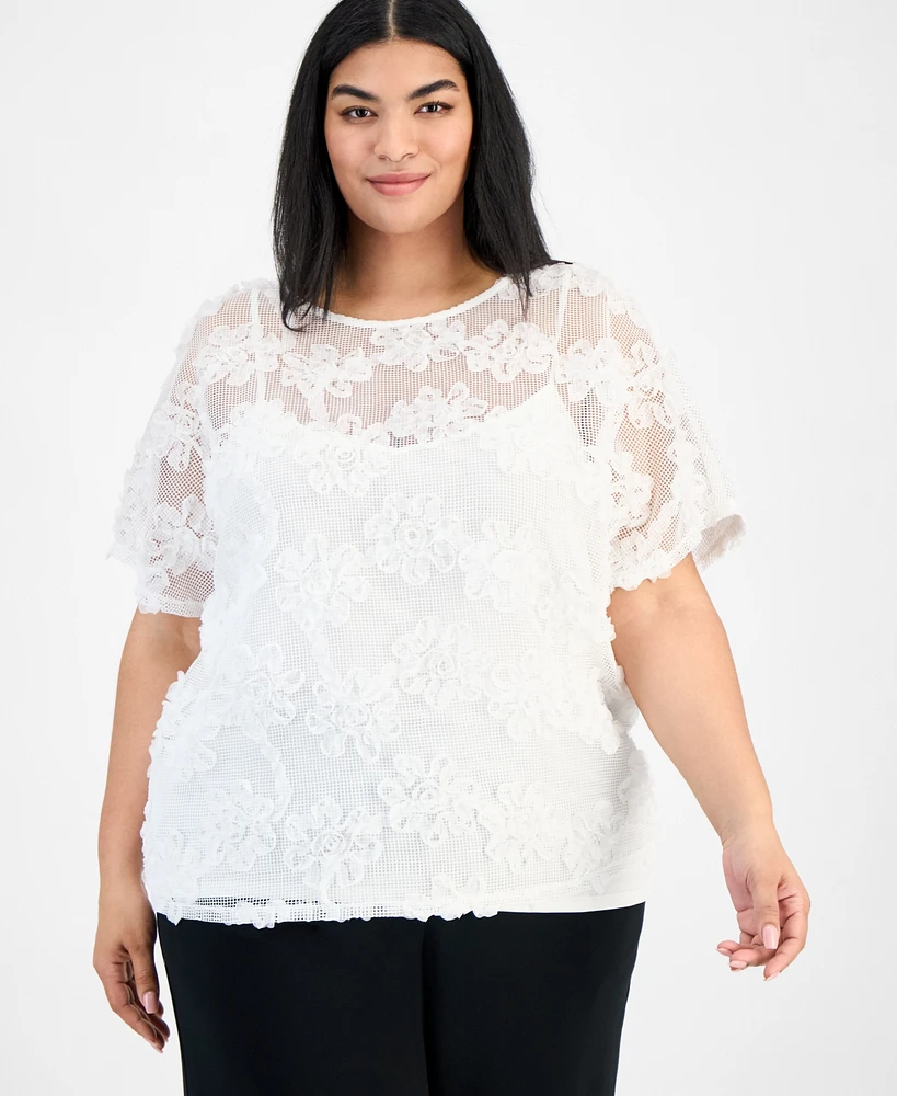 Anne Klein Plus Size Short-Sleeve Lace Blouse