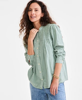 Style & Co Women's Embroidered Cotton Button-Front Top, Exclusively at Macy's