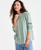 Style & Co Women's Embroidered Cotton Button-Front Top, Exclusively at Macy's