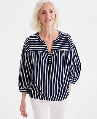 Style & Co Women's Striped 3/4-Sleeve Split-Neck Top, Exclusively at Macy's