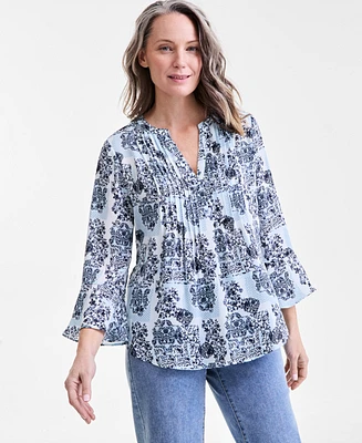 Style & Co Women's Printed Pintuck Ruffle Sleeve Top, Exclusively at Macy's