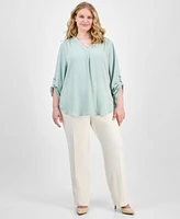 Ak Anne Klein Plus V-Neck Pleat-Front Blouse