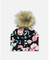 Deux par Girl Printed Jersey Detachable Pompom Hat Pink, Black, And Flowers - Toddler|Child