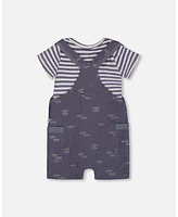 Deux par Baby Boys Printed Cotton Onesie And Muslin Shortall Set Navy Blue Paper Boats