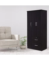 Hodedah Import 3 Door Armoire with Clothing Rod, Shelves, and 2 Drawers, Black