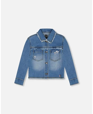 Deux par Girl Frayed Denim Jacket With Embroidery Jeans Blue - Toddler|Child