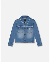 Deux par Girl Frayed Denim Jacket With Embroidery Jeans Blue - Toddler|Child