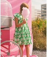 Deux par Big Girls Printed Dress With Flounce Sleeves Green White And Pink Bird