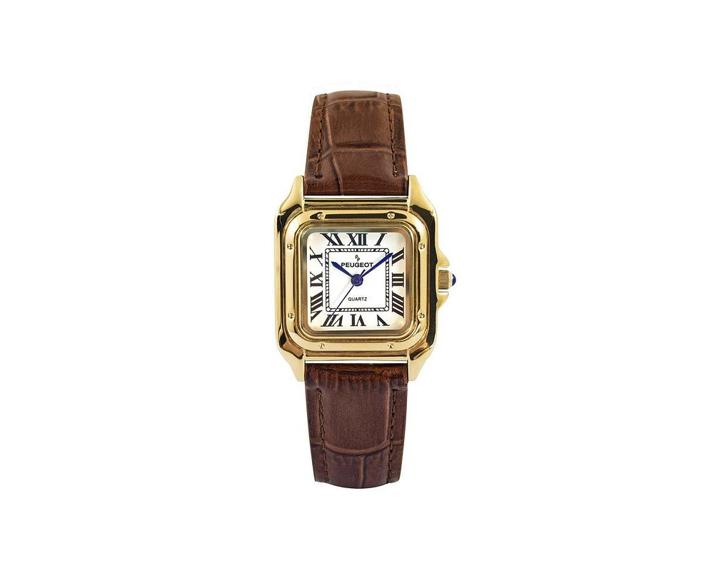 Peugeot Women's 14K Gold-Plated 32mm Tank Shape Brown Leather Strap Watch
