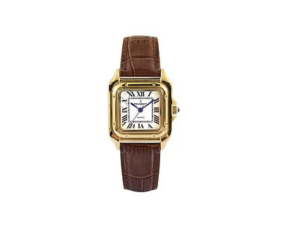 Peugeot Women's 14K Gold-Plated 32mm Tank Shape Brown Leather Strap Watch