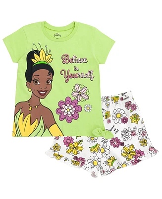 Princess Toddler Girls Disney Frozen Moana Tiana Floral Peplum T-Shirt and French Terry Shorts Outfit Set to