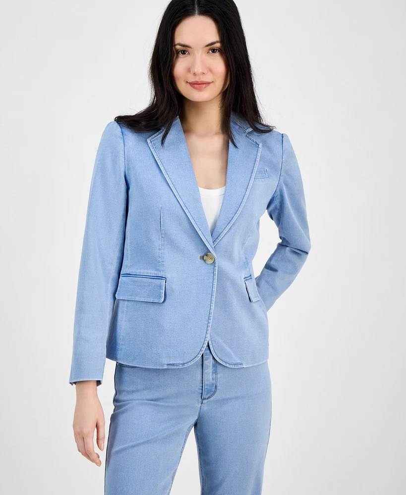 Anne Klein Women's Denim Notched Collar One-Button Blazer