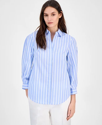Anne Klein Women's Cotton Poplin Striped 3/4-Sleeve Blouse