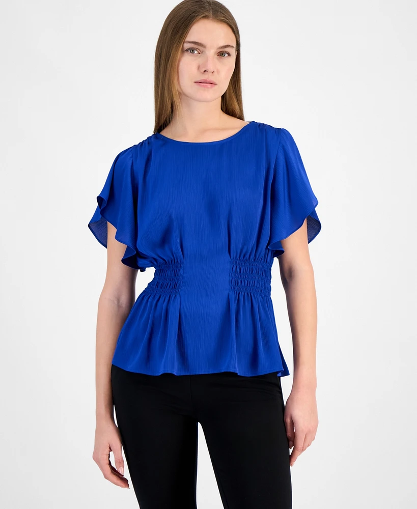 Anne Klein Women's Smocked-Waist Flutter-Sleeve Top