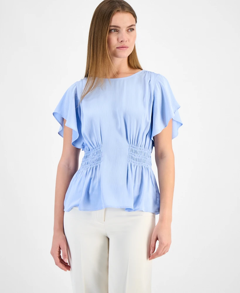 Anne Klein Women's Smocked-Waist Flutter-Sleeve Top