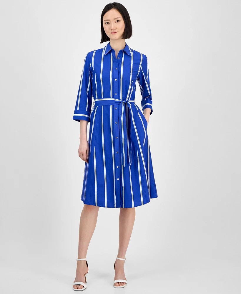Anne Klein Women's Striped 3/4-Sleeve Midi Shirtdress