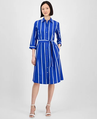 Anne Klein Women's Striped 3/4-Sleeve Midi Shirtdress