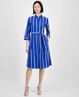 Anne Klein Women's Striped 3/4-Sleeve Midi Shirtdress